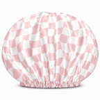 NuAira pink abstract checker satin bonnet – double-layer hair bonnet for curly hair, braids and locs