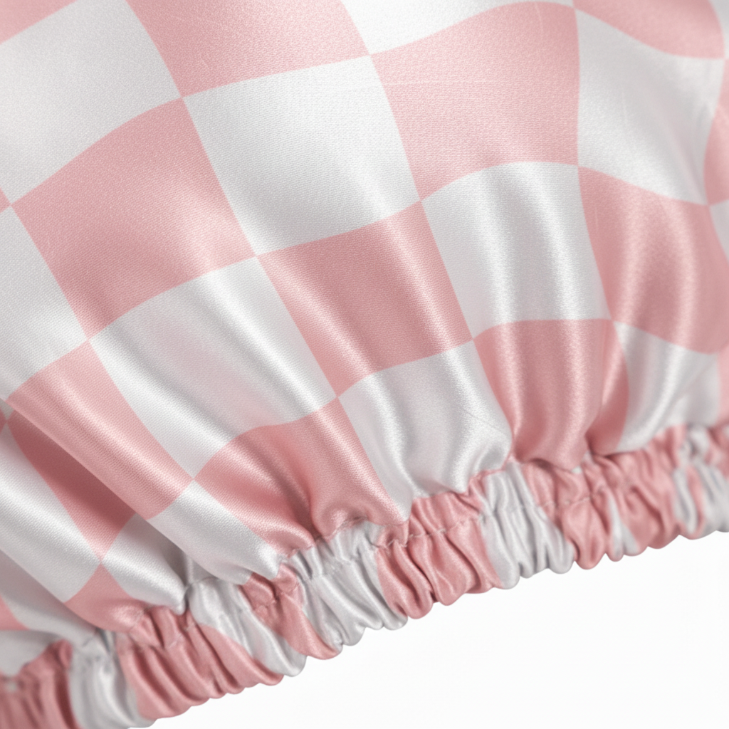 Close-up of NuAira blush pink abstract checker satin bonnet – silky double-layer texture for frizz protection