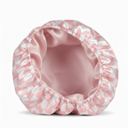 NuAira pink abstract checker satin bonnet open showing solid blush pink satin interior lining