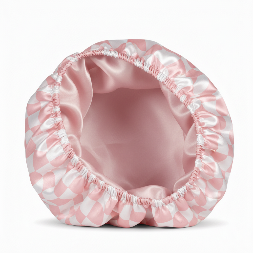 NuAira pink abstract checker satin bonnet open showing solid blush pink satin interior lining