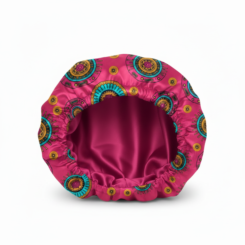 NuAira Pink Boho satin fabric swatch – hot pink turquoise gold mandala print for cultural hair bonnet
