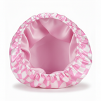 NuAira pink checker satin bonnet flipped open showing solid pink satin interior lining