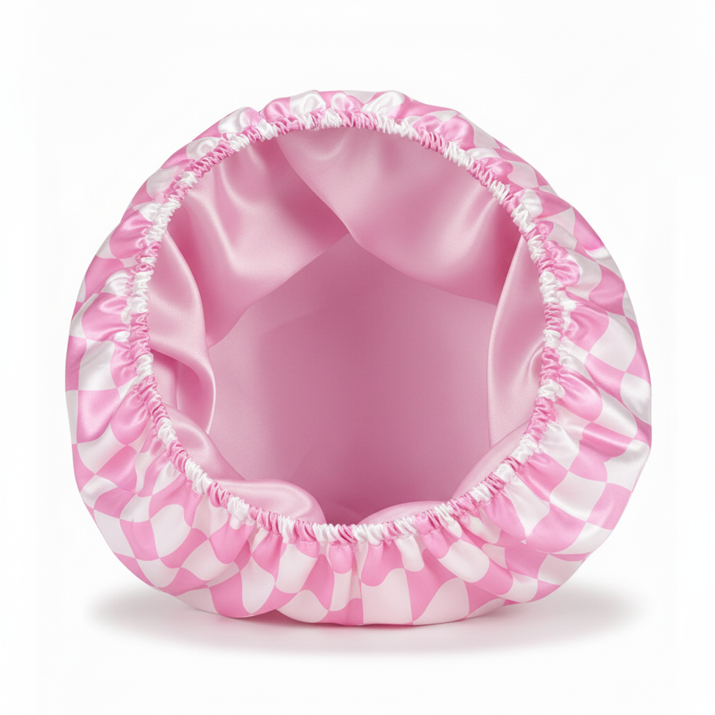 NuAira pink checker satin bonnet flipped open showing solid pink satin interior lining