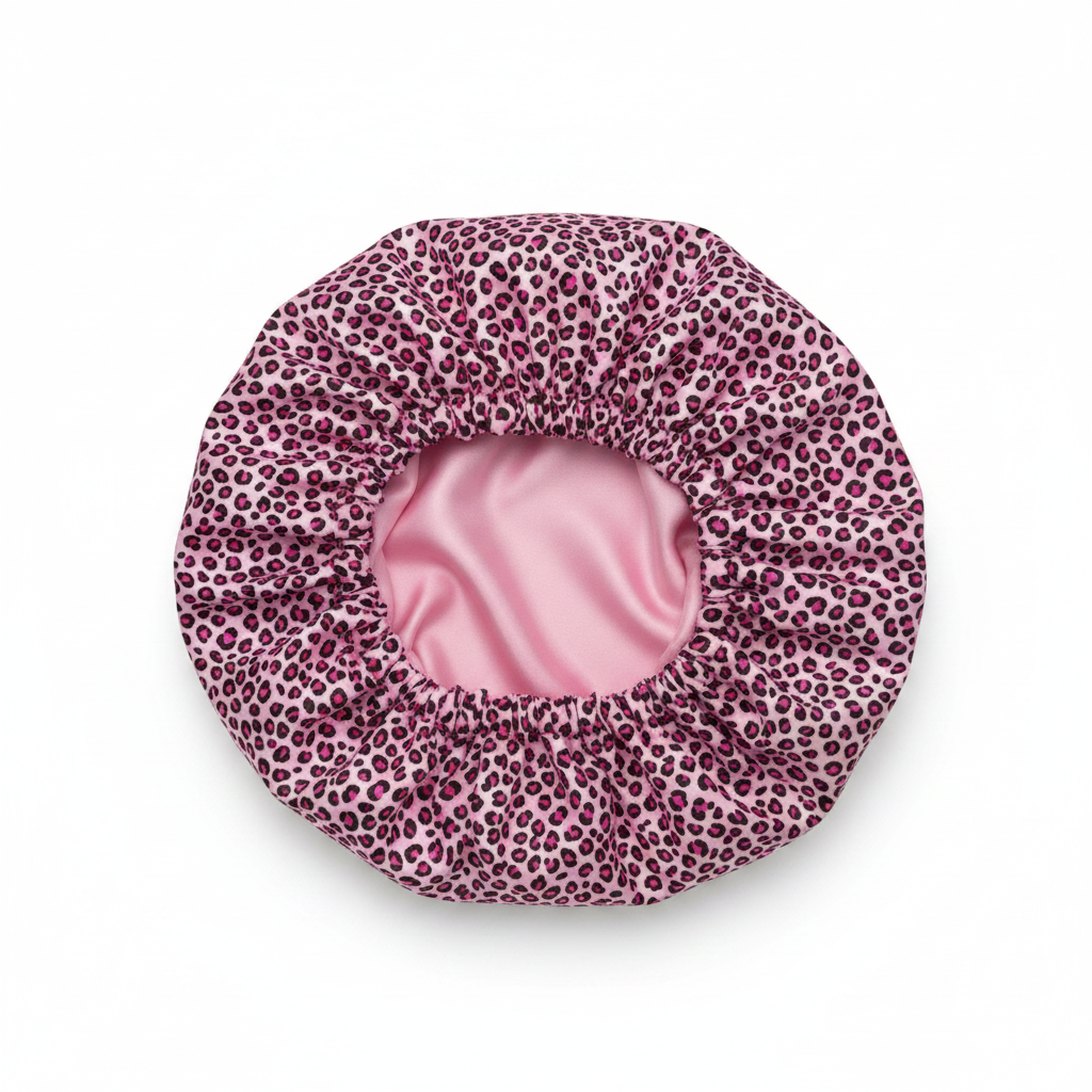 NuAira pink leopard print double-layer satin bonnet – protective hair bonnet for curly hair, braids and locs