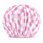 NuAira pink wavy checker satin bonnet – double-layer hair bonnet for curly hair, braids and locs
