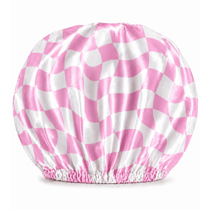 NuAira pink wavy checker satin bonnet – double-layer hair bonnet for curly hair, braids and locs