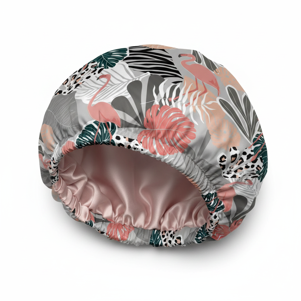 NuAira Pinky Poppie satin fabric swatch – pink flamingo and tropical leaf print for hair bonnet