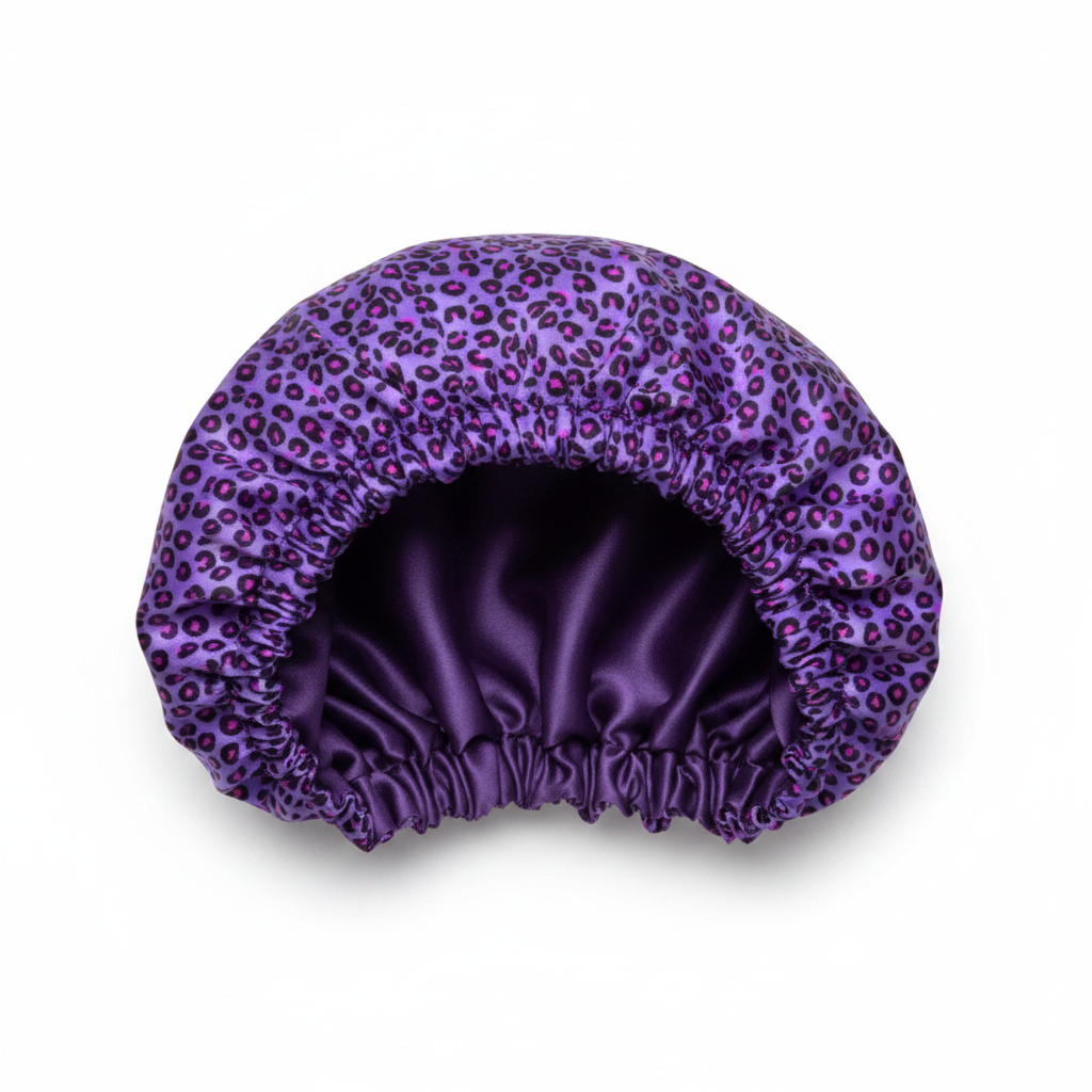 NuAira purple and pink leopard print double-layer satin bonnet – protective hair bonnet for all hair types