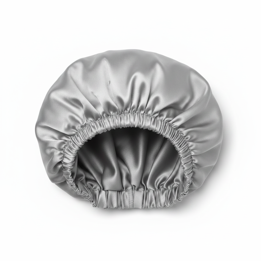 NuAira solid silver double-layer satin bonnet with silver lining – protective hair bonnet for all hair types