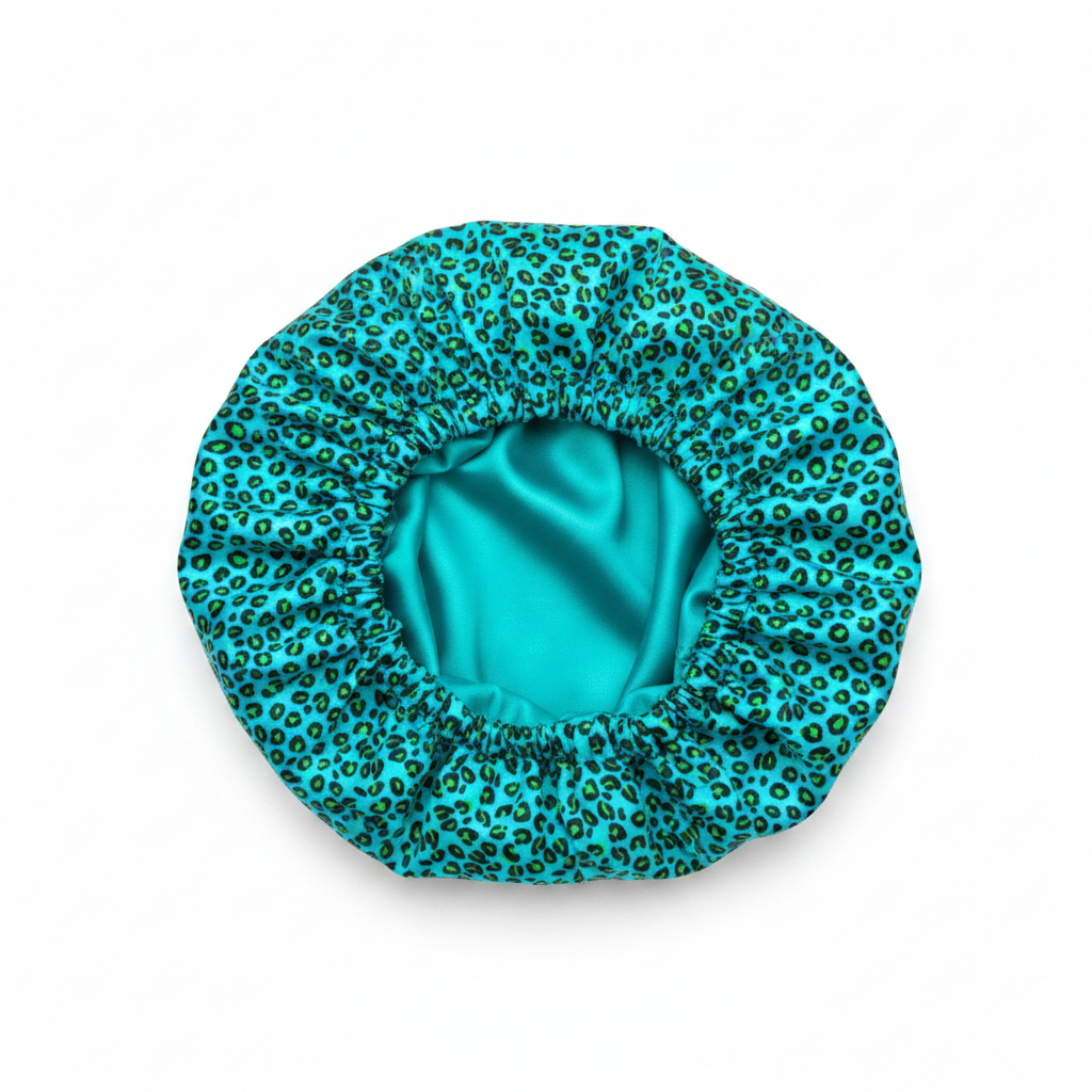 NuAira turquoise leopard print double-layer satin bonnet – protective hair bonnet for natural hair and braids