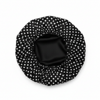 NuAira white polka dot black double-layer satin bonnet with solid black lining – protective hair bonnet for natural hair