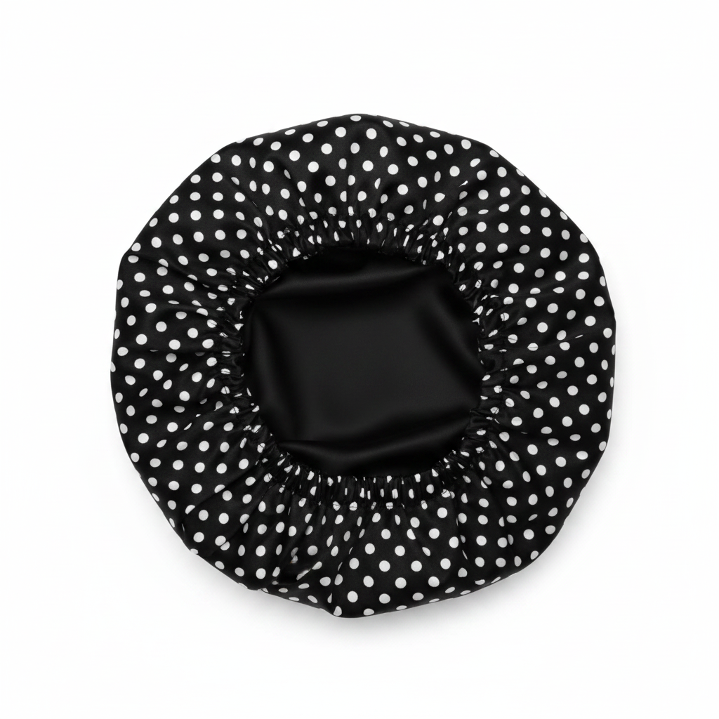 NuAira white polka dot black double-layer satin bonnet with solid black lining – protective hair bonnet for natural hair