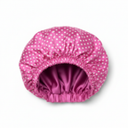 NuAira white polka dot pink double-layer satin bonnet with solid pink lining – protective hair bonnet for curly hair