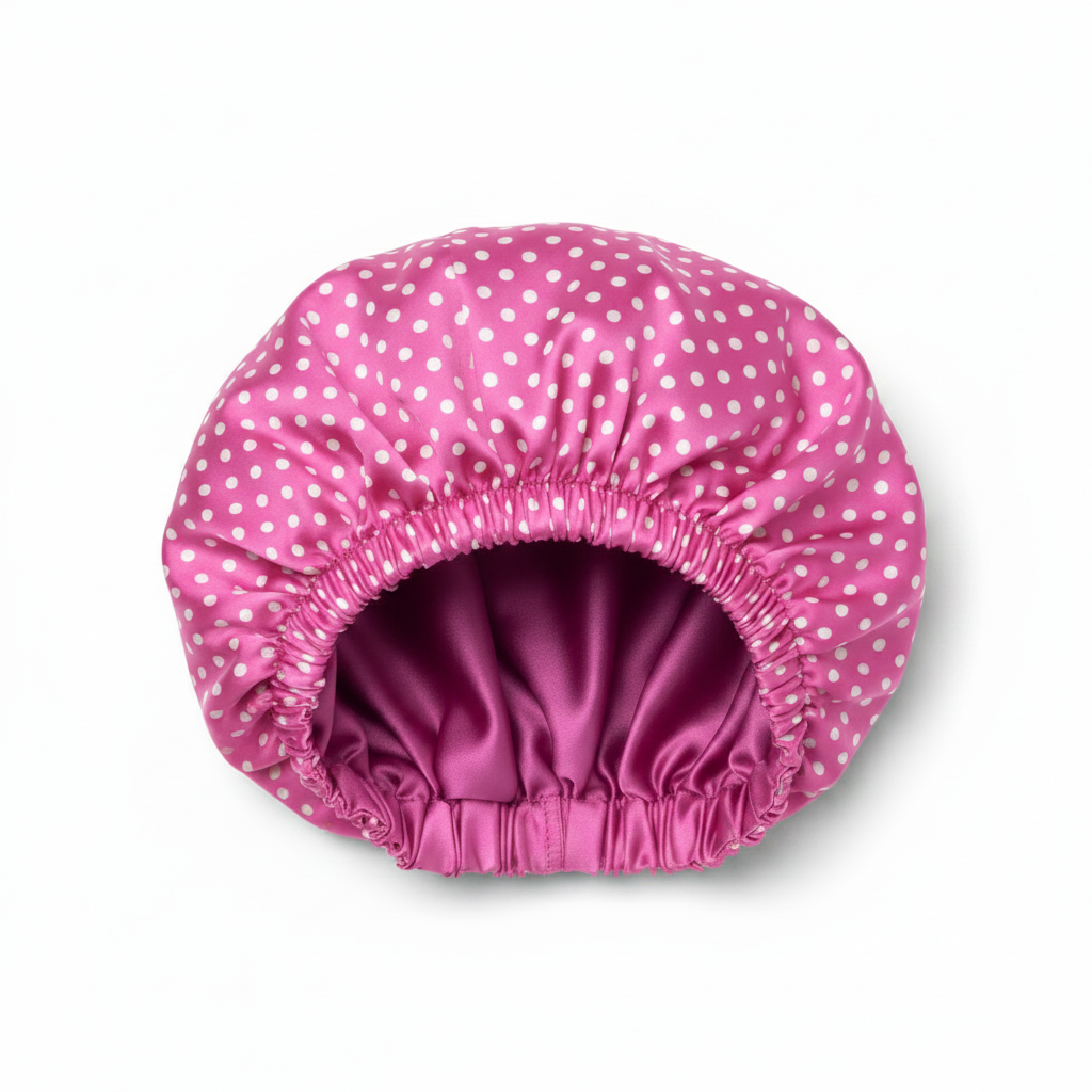 NuAira white polka dot pink double-layer satin bonnet with solid pink lining – protective hair bonnet for curly hair
