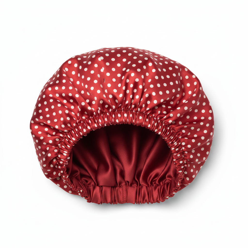 NuAira white polka dot red double-layer satin bonnet with solid red lining – protective hair bonnet for all hair types