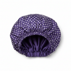 NuAira white polka dot violet double-layer satin bonnet with solid purple lining – protective hair bonnet