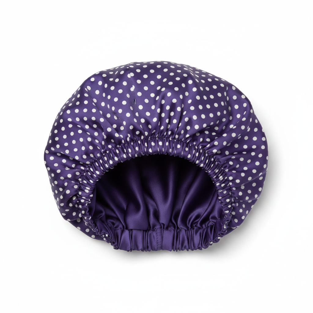 NuAira white polka dot violet double-layer satin bonnet with solid purple lining – protective hair bonnet