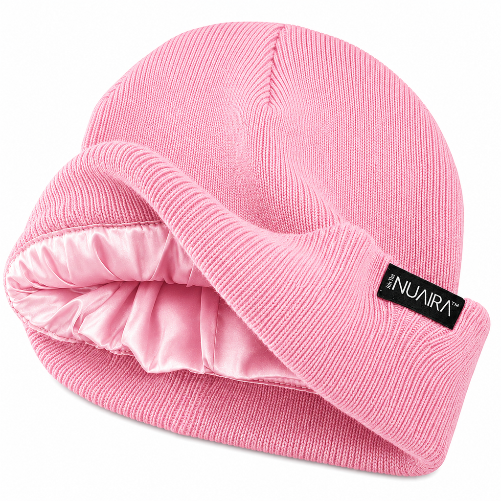 Pink Satin Lined Winter Beanie Hat – Cozy, Hair-Protective & Warm - NuAira