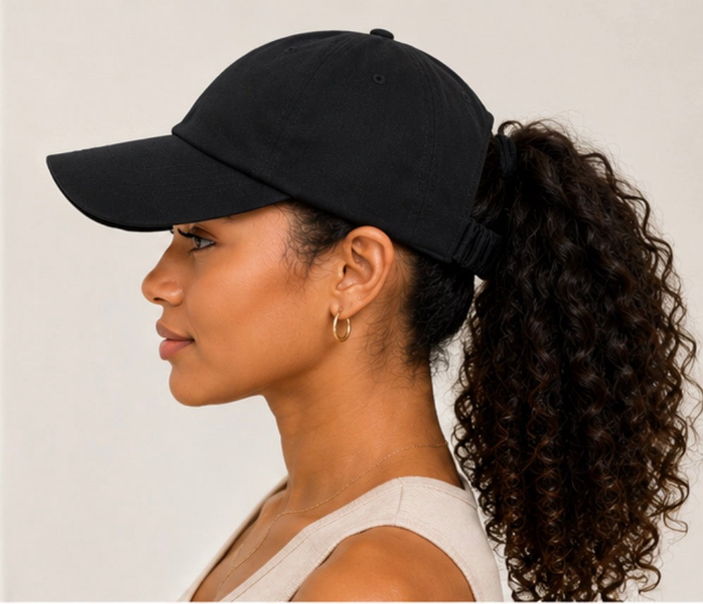 Black luxury satin-lined backless backless cap with adjustable scrunchie opening for ponytails and natural hair
