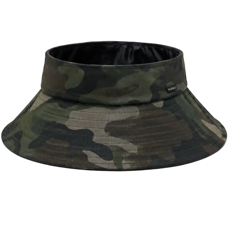 Green Camouflage wide brim satin-lined open top sun visor hat for curly hair.