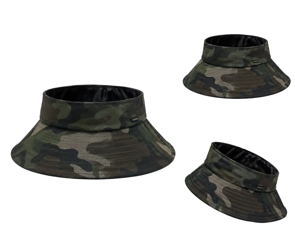 A satin-lined camouflage sun visor hat with open top shown from multiple angles on a light gray background, featuring a green, brown, and black camo pattern.