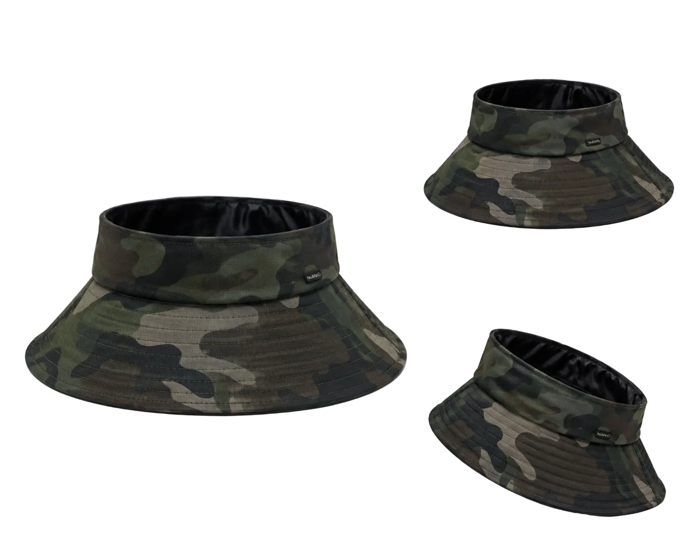 A satin-lined camouflage sun visor hat with open top shown from multiple angles on a light gray background, featuring a green, brown, and black camo pattern.