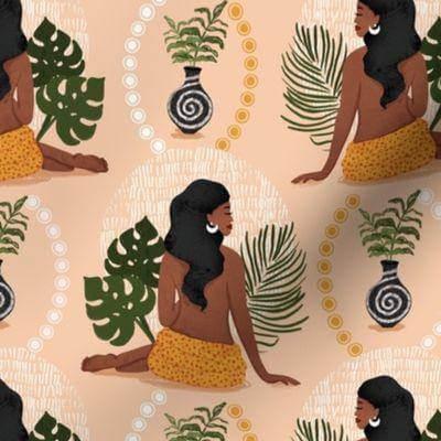 African American Girl Sitting with Jungle Leaves - NuAira